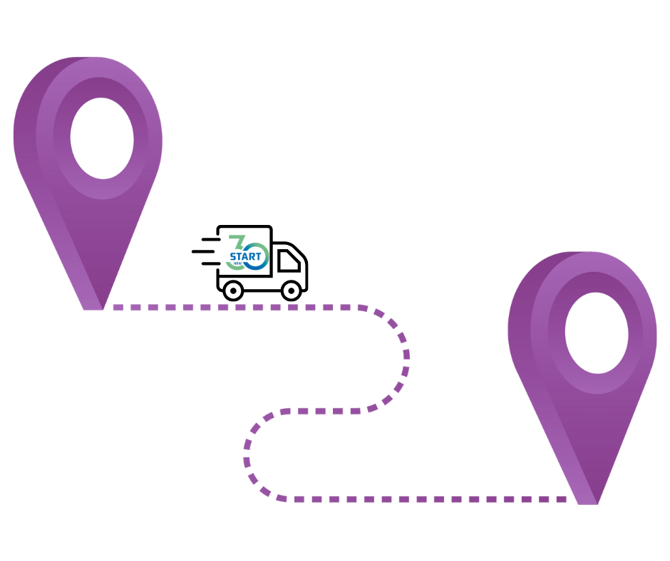 Grafik Umzug. LKW fährt von alten in den neuen Standort